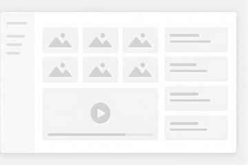 minimalist grayscale wireframe of a video content dashboard with thumbnail previews, play button ui,