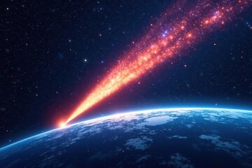 Wall Mural - comet's tail streaks across night sky, earth visible below, stars, wallpaper