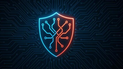 A digital artwork featuring a shield emblem surrounded by intricate circuit patterns, symbolizing cybersecurity and digital protection in a modern environment.