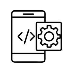 Mobile app development icon with code and settings gear for smartphone application programming project