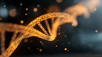 Poster - Dynamic DNA helix formed by glowing golden particles on dark background, vibrant orange and yellow palette