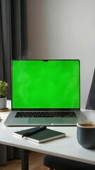 laptop with a green screen on a desk in a modern corporate office. minimalist furniture, clean works