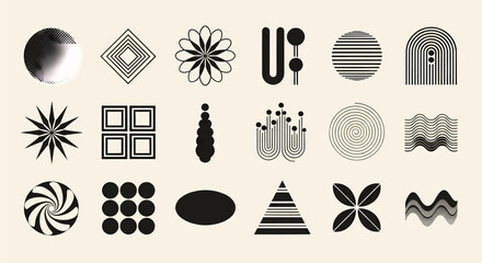 Abstract Geometric Shapes and Halftone Patterns in a Grid