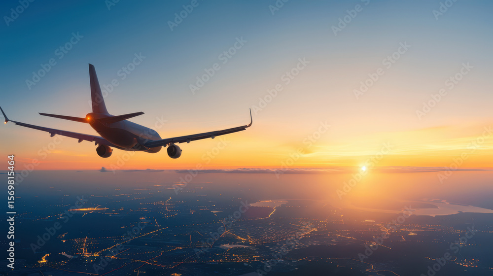 A plane is flying through the sky at sunset Stock Photo | Adobe Stock