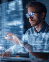 A focused man wearing glasses interacts with a futuristic digital interface displaying data and code in a high-tech environment.