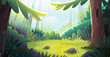 © Popmarleo - Magical wild forest scenery illustration for children fairy tale. Woodland wilderness setting. Peaceful forest clearing with sunlight and trees. Vector nature landscape scenery illustration for kids.