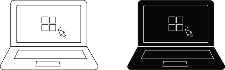Laptop Vector Icon with Pointer Click and Interface Grid – Solid and Outline Style
