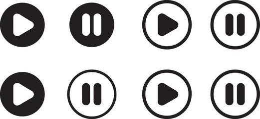 Play and Pause Button Icon Set – Black and Outline Vector Media Control Symbols for Audio and Video Player Interfaces