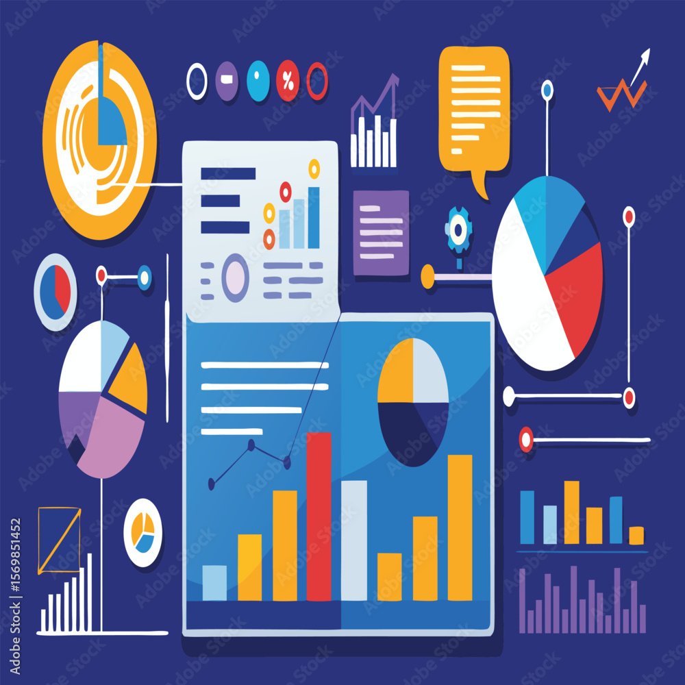 Colorful Infographic Layout Featuring Pie Charts Bar Graphs And Line 