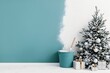 © Tanyastock - Christmas wall painting renovation. New year winter interior with snow fir tree gifts and paint bucket