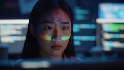 Close up of young woman looking at computer screen with code reflecting on her face in a dark room