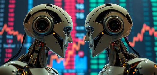 Wall Mural - Two robotic figures face off, stock market data fluctuating behind,   futuristic,  conflict