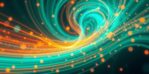 Wall Mural - Swirling teal & orange cosmic lines, glowing orbs, ethereal double exposure,  texture,  illustration