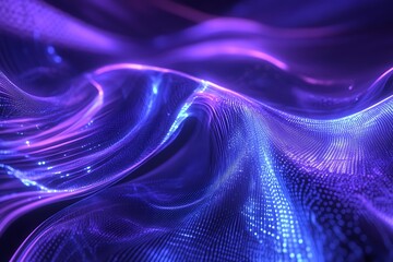 Wall Mural - abstract wavy purple and blue digital fabric with glowing particles