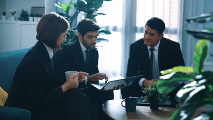 Wall Mural - caucasian businessman present marketing plan to smart project manager by using laptop. skilled coope