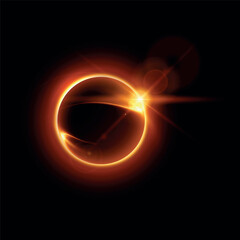 Wall Mural - Sunrise, solar or moon eclipse with spark and halo effects, vector golden glowing round aura and globe dark silhouette