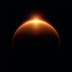 Wall Mural - Sunrise horizon, solar or moon eclipse with blur spark effect, vector orange glowing round aura, globe dark silhouette