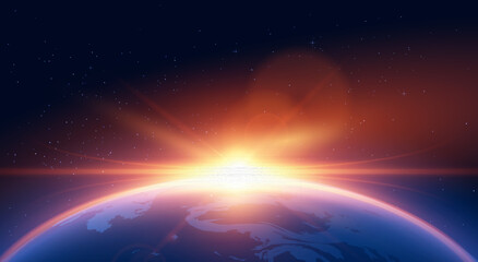 sunrise horizon on planet earth, solar or moon blur spark effect, glowing round beams realistic vect