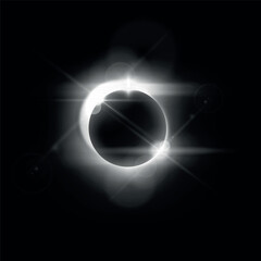Wall Mural - Sunrise, solar or moon eclipse with spark and halo effects, vector white glowing round aura and globe dark silhouette
