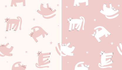 Wall Mural - funny seamless vector patterns with fat kitty on a white and pastel pink background. childish hand d