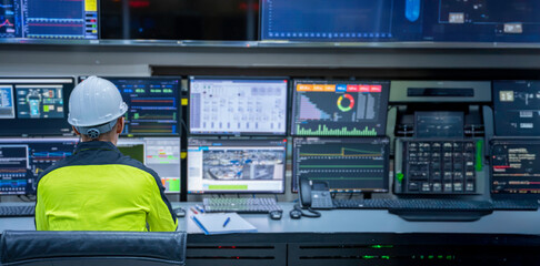 Engineer working at control room, Manager control system, Technician man monitoring program from a lot of monitor.
Specialist observes analytics dashboard,operator inspects digital interface