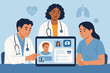 © Marie - Doctor team with nurse analyzes patient electronic medical record on a digital tablet. Online consultation, EMR, and modern healthcare technology flat vector illustration.