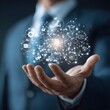 © PixelStream - IT Consulting. Businessman holds digital consulting network connecting icon representing IT solutions, focusing on innovation, strategy, optimization, growth, and technology-driven success