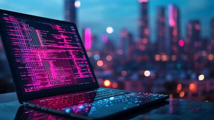Laptop displaying coding in a city skyline backdrop