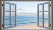 © Risat Designer - View through an open white framed window onto a serene tropical beach with gentle ocean waves and a soft cloudy sky