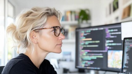 Concentrated Programmer: A blonde woman wearing glasses intensely focuses on code displayed on multiple screens, highlighting the dedication required in programming and software development.