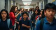 © DigitalSpace - Female teacher directs her students down a busy school hallway during a change of classes, ensuring a smooth transition and maintaining order