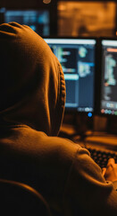 Wall Mural - back view of person wearing hoodie, seated before illuminated computer screens displaying code, sugg