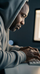 Wall Mural - close-up of man in gray hoodie using computer keyboard, focused on work, representing concentration 