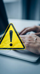 Wall Mural - close-up of hands typing on laptop with superimposed yellow warning triangle, symbolizing online sec