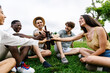 © Xavier Lorenzo - Diverse friends cheering with beer bottles while enjoying summer picnic at city park