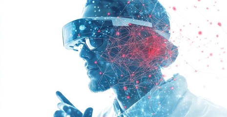 futuristic vision, man exploring digital network with augmented reality headset