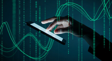Wall Mural - hand interacting with smartphone screen, overlaid with teal digital data streams and curves, showcas