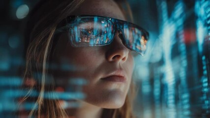 Wall Mural - software engineer wearing futuristic augmented reality glasses analyzing holographic data and progra