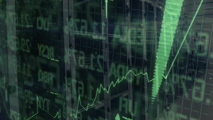 Wall Mural - Grid fading with tickers scrolling making line graph oscillating, bars, arrows rising showing surge