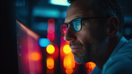 a focused man with glasses works at a computer screen, surrounded by blurred colorful lights in a te