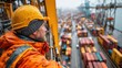 © Formoney - A man in a yellow helmet and orange jacket is looking out over a busy harbor. The scene is bustling with activity, with many boats and trucks visible in the distance