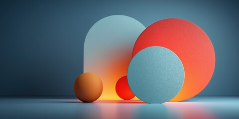 Wall Mural - composition of blue and orange circles and spheres with soft gradient lighting on blue surface