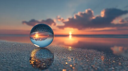 Wall Mural - A crystal ball rests on a sandy beach, reflecting a vibrant sunset with hues of orange, pink, and blue across the sky. The tranquil ocean waves gently lap against the shore.
