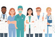 © Velar - Medical professionals including doctors and nurses are depicted in a hospital setting, along with surgeons, pharmacists, and dentists, all wearing medical uniforms in a flat vector illustration