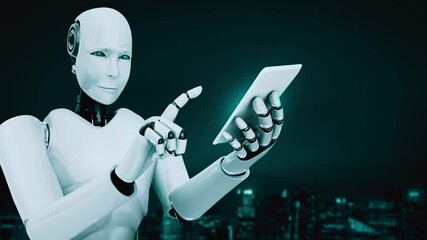 Wall Mural - robot hominoid use mobile phone or tablet for big data analytic using ai thinking brain , artificial