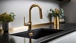© James - a kitchen sink detail features a modern black and gold faucet paired with a black stone countertop and white cabinets
