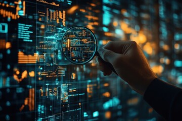 man holding magnifying glass inspecting complicated digital data displayed on a computer screen