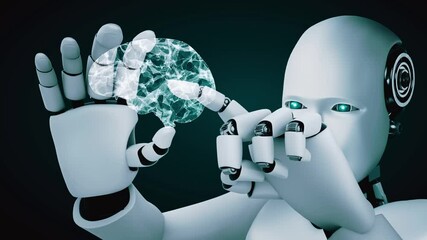 Wall Mural - robot hominoid hold hud hologram screen in concept of ai thinking brain, artificial intelligence and