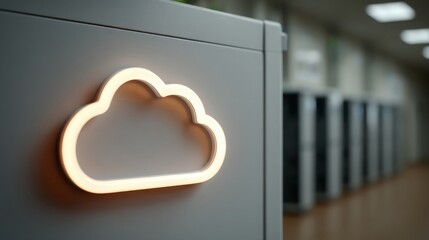 soft glowing cloud symbol on a modern office cabinet indicating cloud computing technology and digit