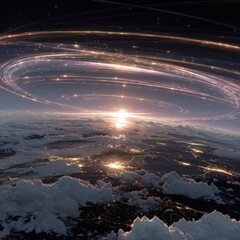Wall Mural - A mesmerizing view captures swirling light trails above Earth at twilight. The horizon glows with soft orange hues, surrounded by fluffy clouds and distant city lights.